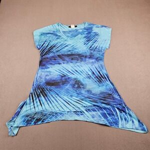 Only Nine Womens Small Blue Tropical Palm Print Sharkbite Hem V-Neck Tunic Top